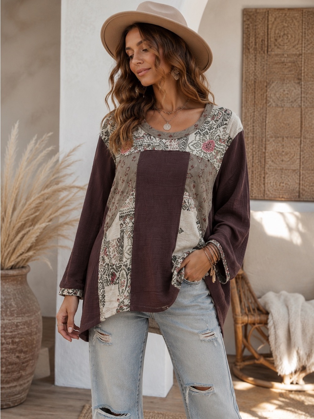 POL M Patchwork Long Sleeve Top
